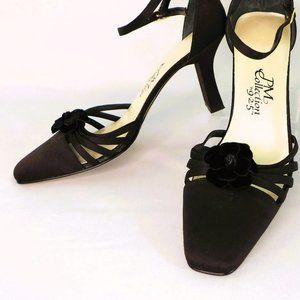 Satin Dark Brown heels Closed toe Rose detail Ankle strap 8.5 PM Collection 925
